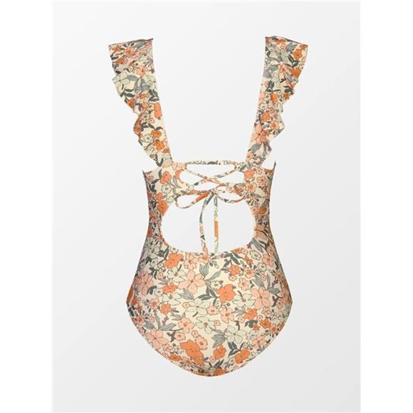 Women's Ruffled One Piece Swimsuit V Neck Lace Up - Picture 5 of 6